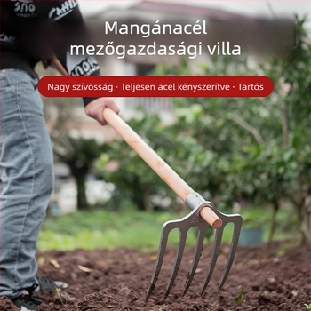 Háromfogas vastag acél gereblye – mezőgazdasági talajforgató és lazító eszköz; mangánacél kapa és ásóvilla