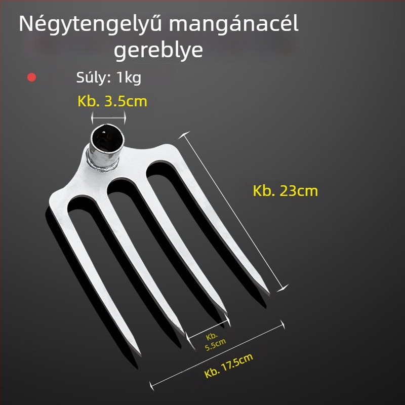Háromfogas vastag acél gereblye – mezőgazdasági talajforgató és lazító eszköz; mangánacél kapa és ásóvilla