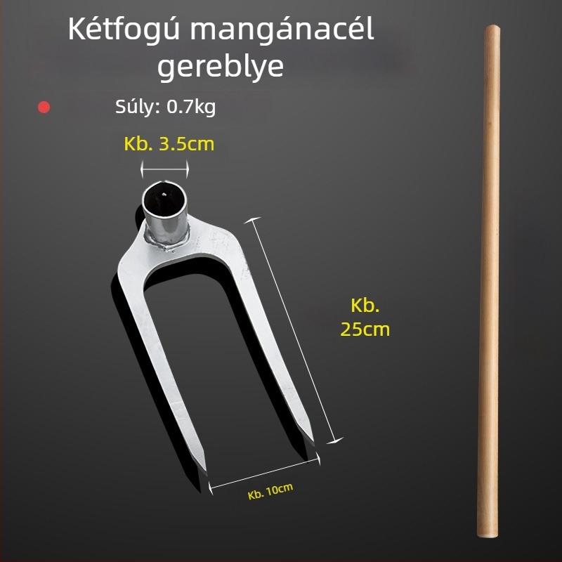 Háromfogas vastag acél gereblye – mezőgazdasági talajforgató és lazító eszköz; mangánacél kapa és ásóvilla