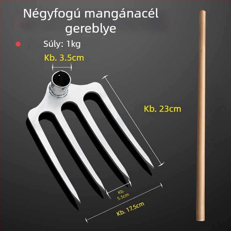 Háromfogas vastag acél gereblye – mezőgazdasági talajforgató és lazító eszköz; mangánacél kapa és ásóvilla