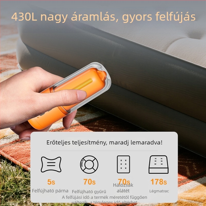 Vezeték nélküli töltésű hordozható felfújó pumpa, kompakt és könnyű, LED világítás, felfújás és leeresztés funkciókkal, mindent egyben