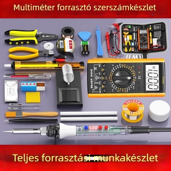 Digitális kijelzős multiméter és állítható hőmérsékletű forrasztópáka készlet otthoni elektronikai javításhoz, eszközkészlet és doboz
