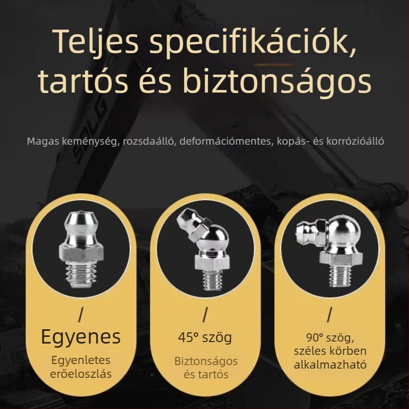 Fém zsírzópisztoly fej készlet exkavátorhoz, egyenes kivitel, M6/M8/M10 kézi zsírzófejek, teljes tartozékkészlet