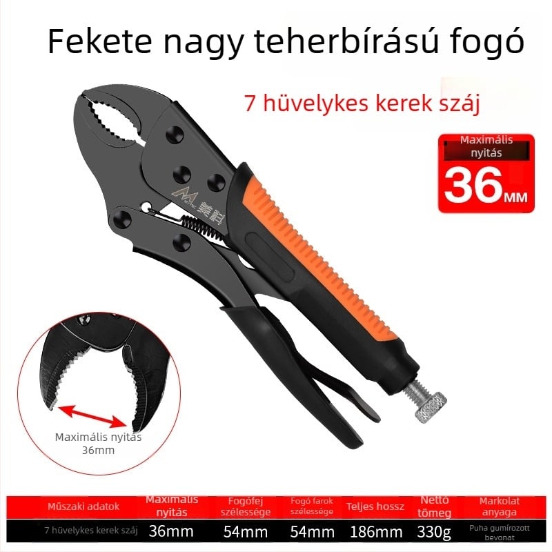 Állítható, nehéz fogó-szorító, ötvözet acélból készült harapófogó fej, 36 mm-es maximális nyitás, faipari felhasználásra