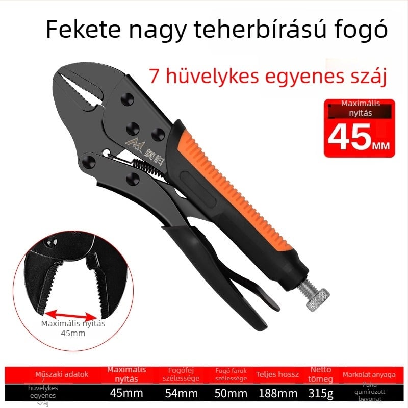 Állítható, nehéz fogó-szorító, ötvözet acélból készült harapófogó fej, 36 mm-es maximális nyitás, faipari felhasználásra