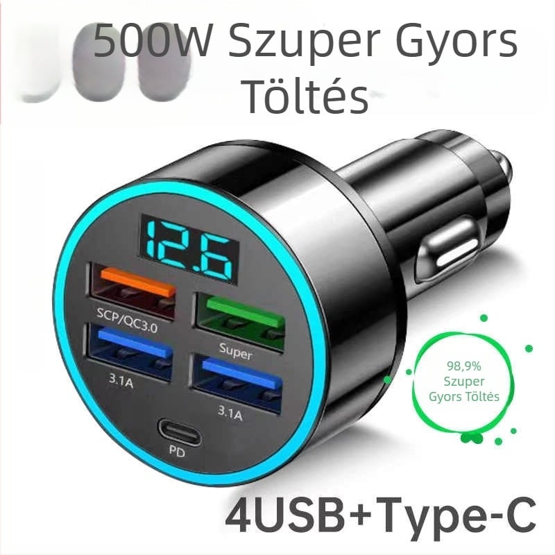 Ötpontos autós töltő cigaretta-gyújtó adapterrel és USB interfésszel