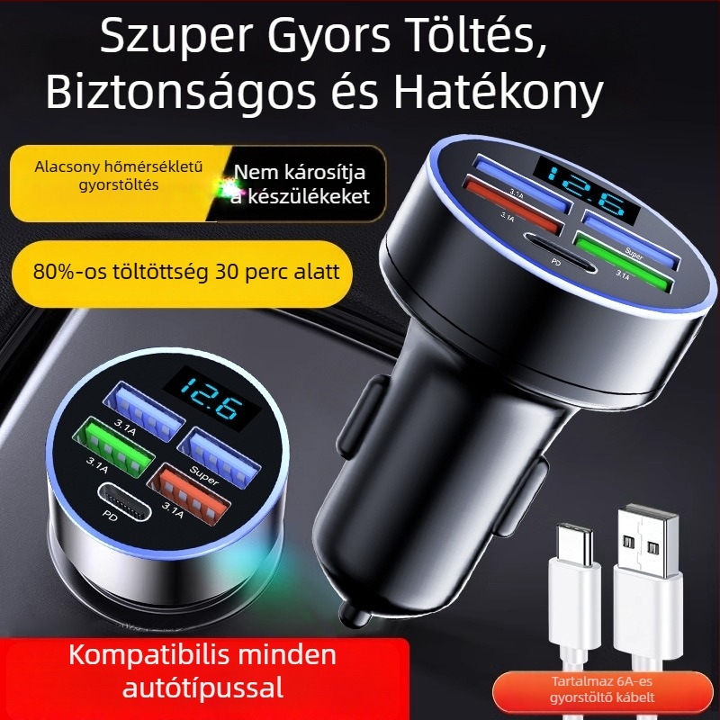 Ötpontos autós töltő cigaretta-gyújtó adapterrel és USB interfésszel
