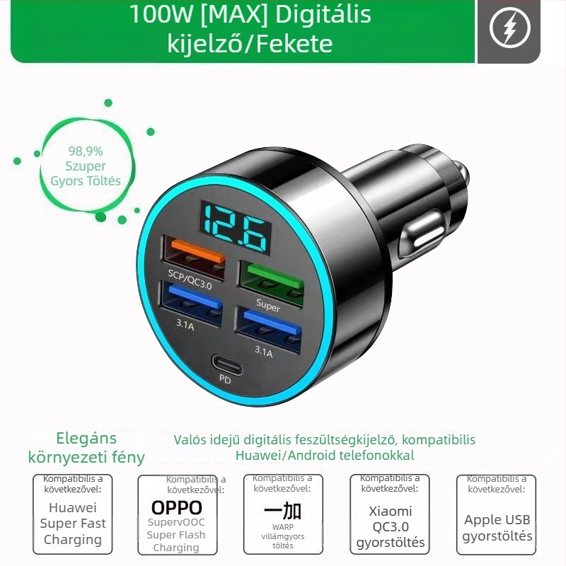 Ötpontos autós töltő cigaretta-gyújtó adapterrel és USB interfésszel