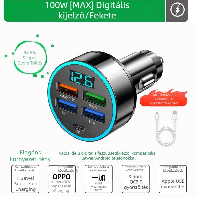 Ötpontos autós töltő cigaretta-gyújtó adapterrel és USB interfésszel