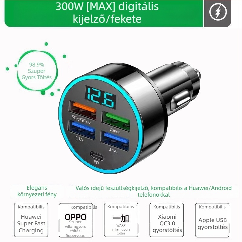 Ötpontos autós töltő cigaretta-gyújtó adapterrel és USB interfésszel