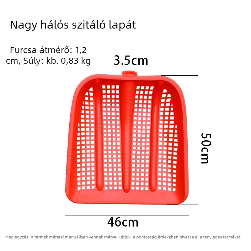 Műanyag üreges lapát erősített földszitával, mogyoró szűrővel, földkeverő kanál és nagy kukoricaszitával; ladikhoz és halhoz való lapát