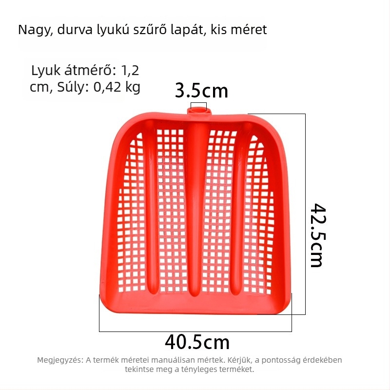 Műanyag üreges lapát erősített földszitával, mogyoró szűrővel, földkeverő kanál és nagy kukoricaszitával; ladikhoz és halhoz való lapát