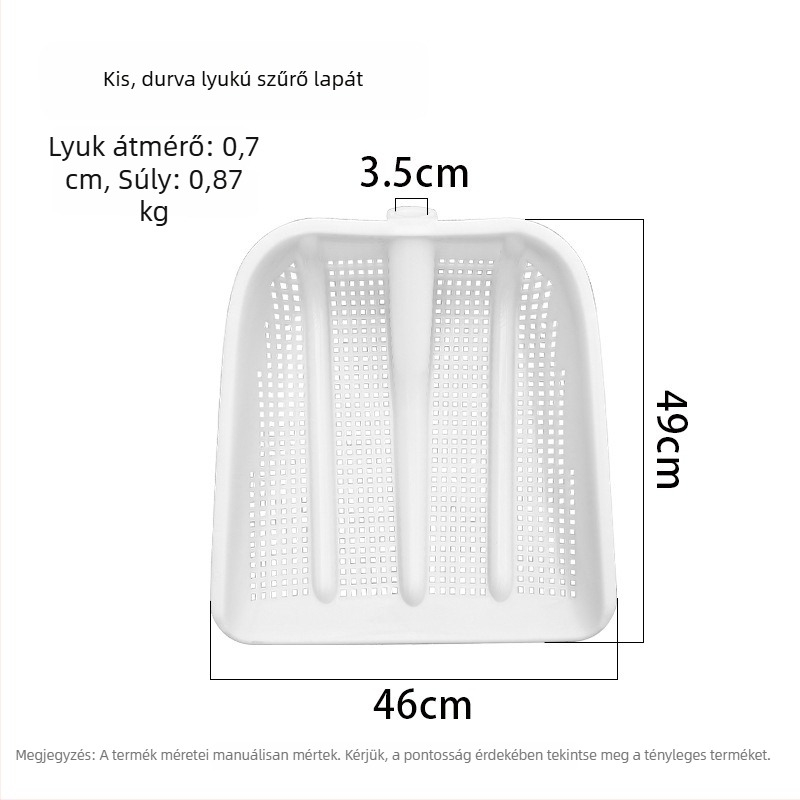 Műanyag üreges lapát erősített földszitával, mogyoró szűrővel, földkeverő kanál és nagy kukoricaszitával; ladikhoz és halhoz való lapát