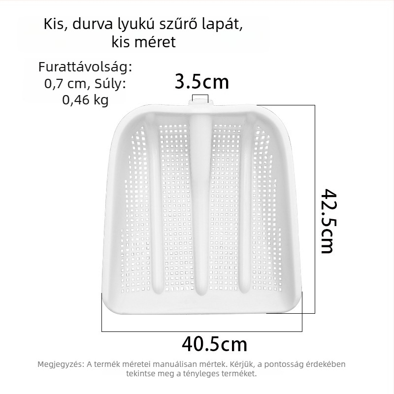 Műanyag üreges lapát erősített földszitával, mogyoró szűrővel, földkeverő kanál és nagy kukoricaszitával; ladikhoz és halhoz való lapát