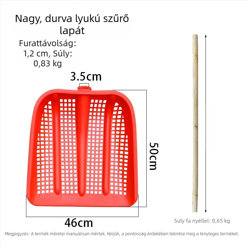 Műanyag üreges lapát erősített földszitával, mogyoró szűrővel, földkeverő kanál és nagy kukoricaszitával; ladikhoz és halhoz való lapát