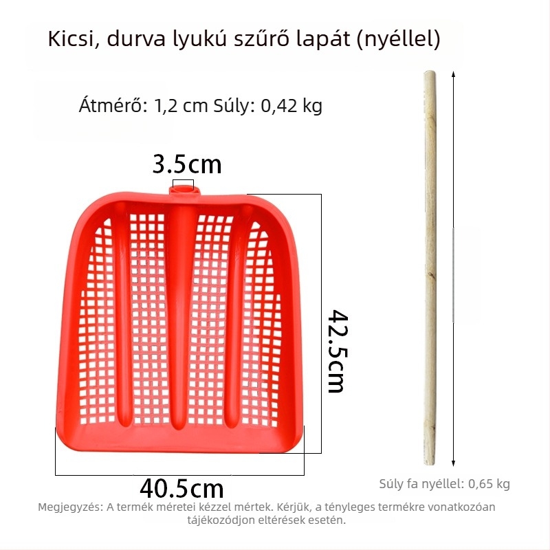 Műanyag üreges lapát erősített földszitával, mogyoró szűrővel, földkeverő kanál és nagy kukoricaszitával; ladikhoz és halhoz való lapát