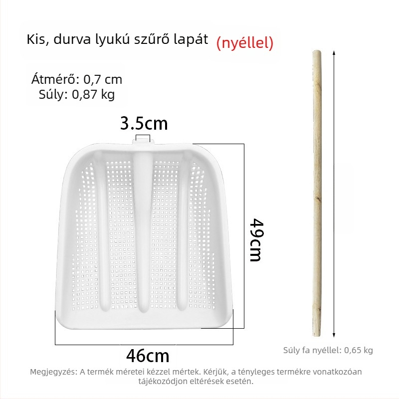 Műanyag üreges lapát erősített földszitával, mogyoró szűrővel, földkeverő kanál és nagy kukoricaszitával; ladikhoz és halhoz való lapát