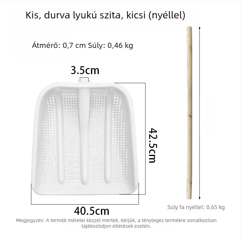 Műanyag üreges lapát erősített földszitával, mogyoró szűrővel, földkeverő kanál és nagy kukoricaszitával; ladikhoz és halhoz való lapát