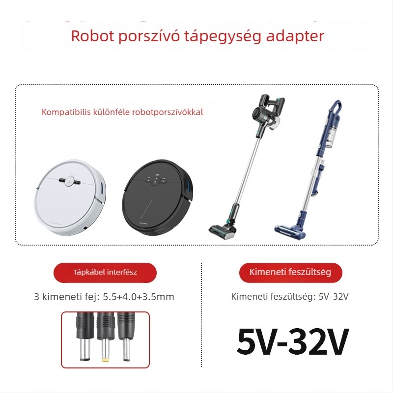 Töltőkábeles adapter por tisztító robothoz, kompatibilis 5V, 8.4V, 12.6V, 18V, 19V, 24V, 25V és 26V
