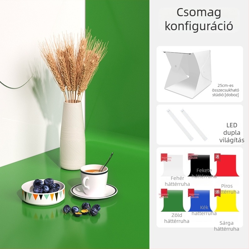 Mini stúdió fénybox fehér háttérrel, összecsukható, ékszerfotózáshoz