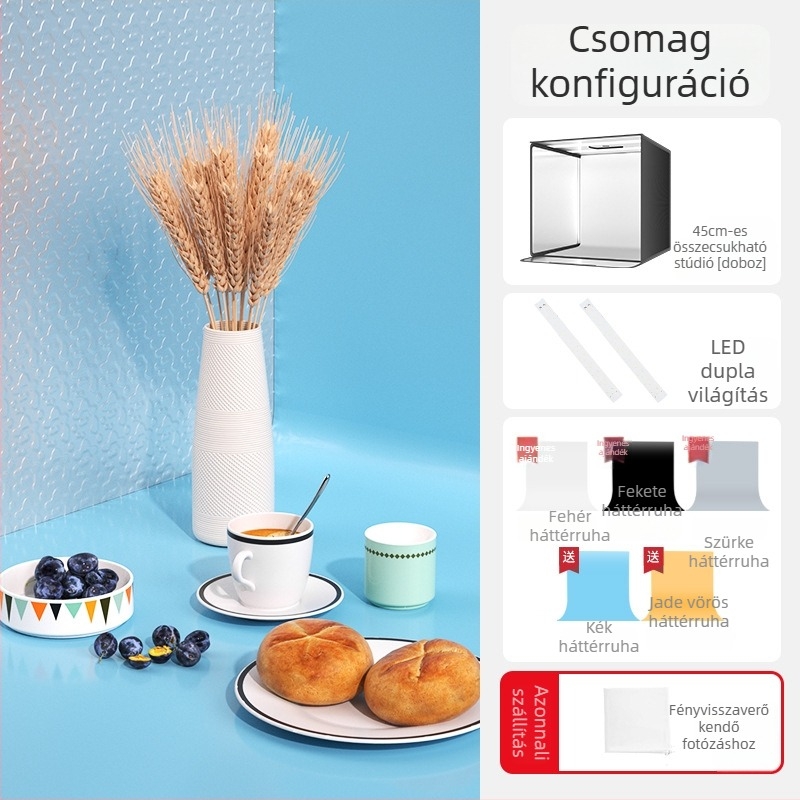 Mini stúdió fénybox fehér háttérrel, összecsukható, ékszerfotózáshoz