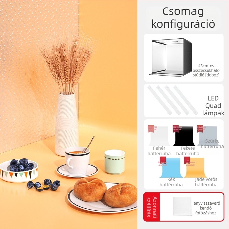 Mini stúdió fénybox fehér háttérrel, összecsukható, ékszerfotózáshoz