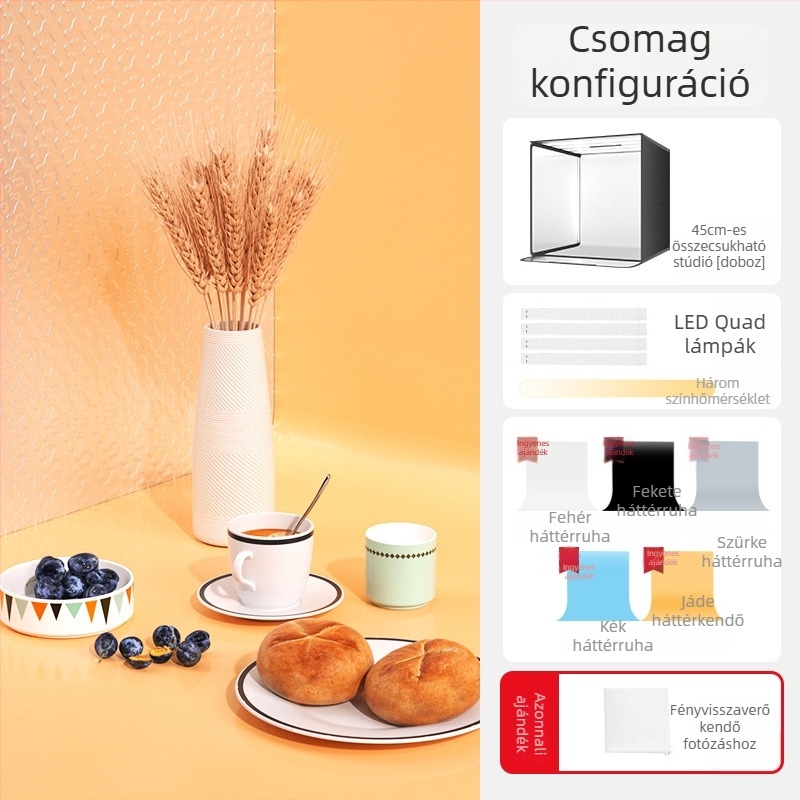 Mini stúdió fénybox fehér háttérrel, összecsukható, ékszerfotózáshoz