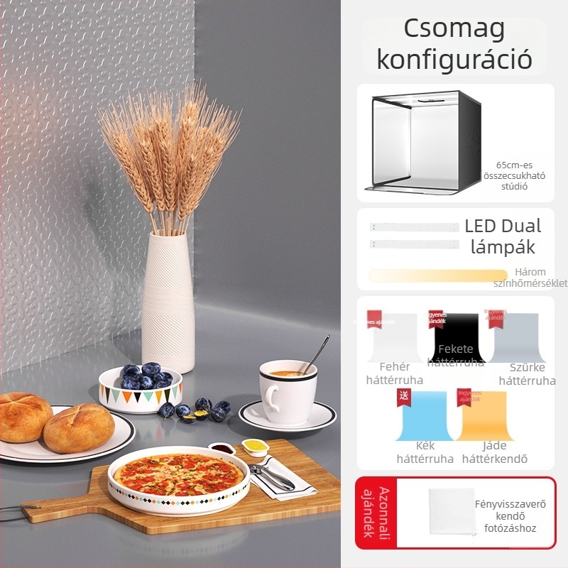 Mini stúdió fénybox fehér háttérrel, összecsukható, ékszerfotózáshoz