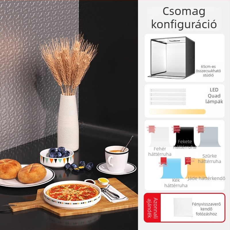 Mini stúdió fénybox fehér háttérrel, összecsukható, ékszerfotózáshoz