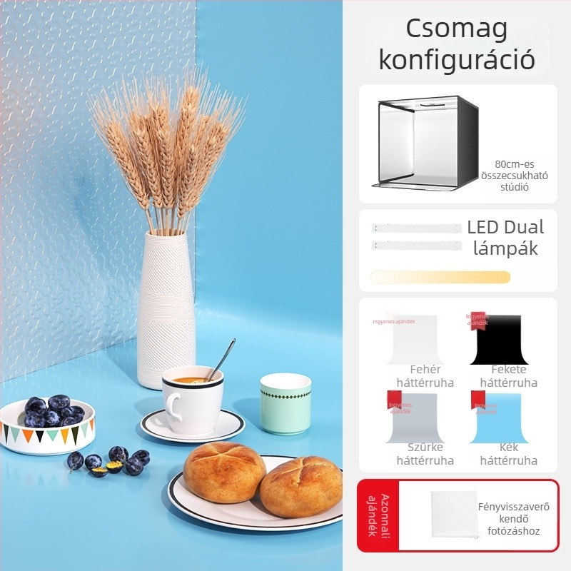 Mini stúdió fénybox fehér háttérrel, összecsukható, ékszerfotózáshoz