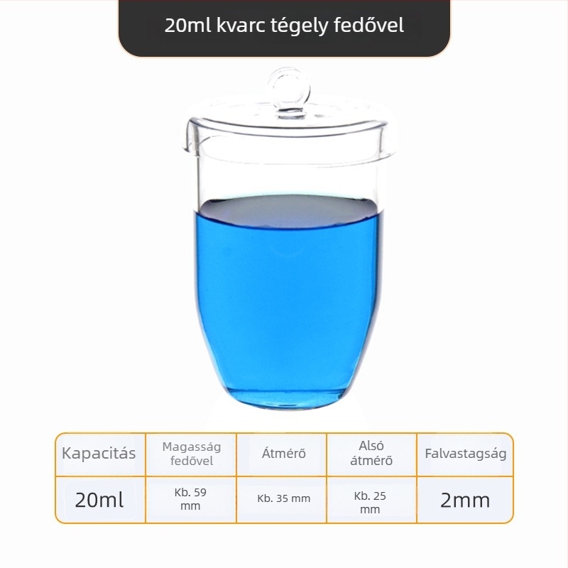 Kvarc tégely, magas tisztaságú, ellenáll a magas hőmérsékletnek, 50/100/200/300 ml, átlátszó, sav- és lúgálló 1400°C-ig