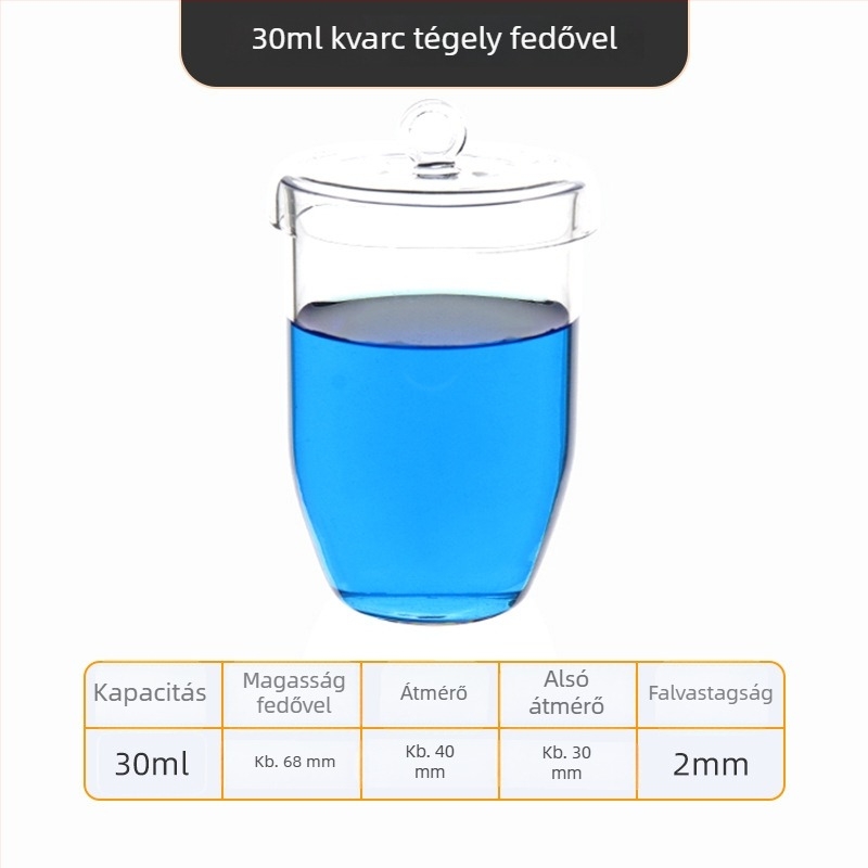 Kvarc tégely, magas tisztaságú, ellenáll a magas hőmérsékletnek, 50/100/200/300 ml, átlátszó, sav- és lúgálló 1400°C-ig