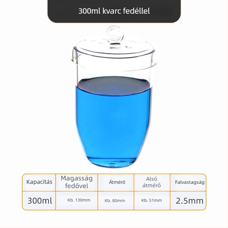 Kvarc tégely, magas tisztaságú, ellenáll a magas hőmérsékletnek, 50/100/200/300 ml, átlátszó, sav- és lúgálló 1400°C-ig