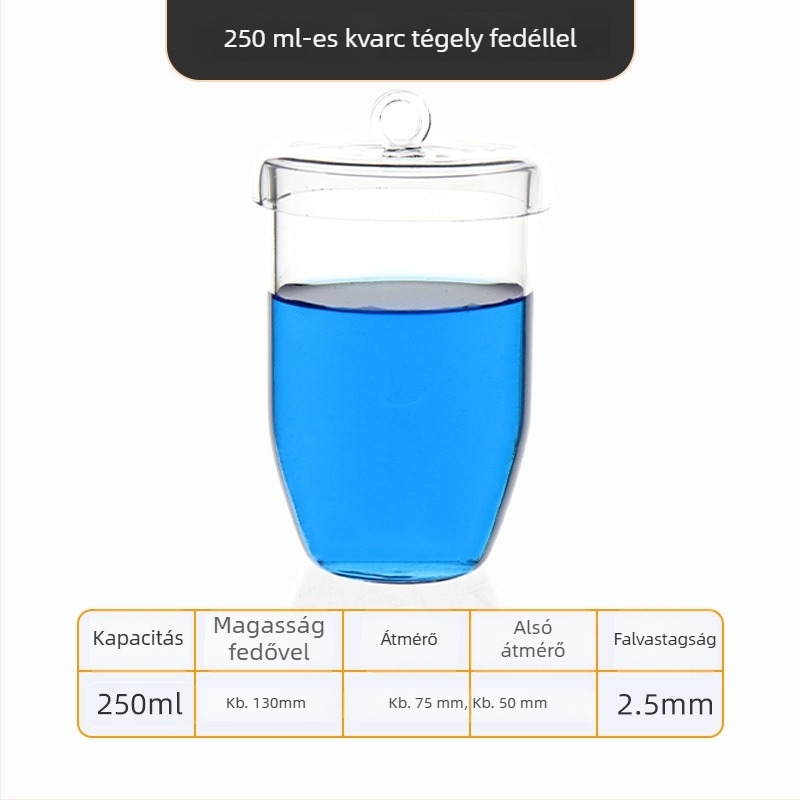 Kvarc tégely, magas tisztaságú, ellenáll a magas hőmérsékletnek, 50/100/200/300 ml, átlátszó, sav- és lúgálló 1400°C-ig
