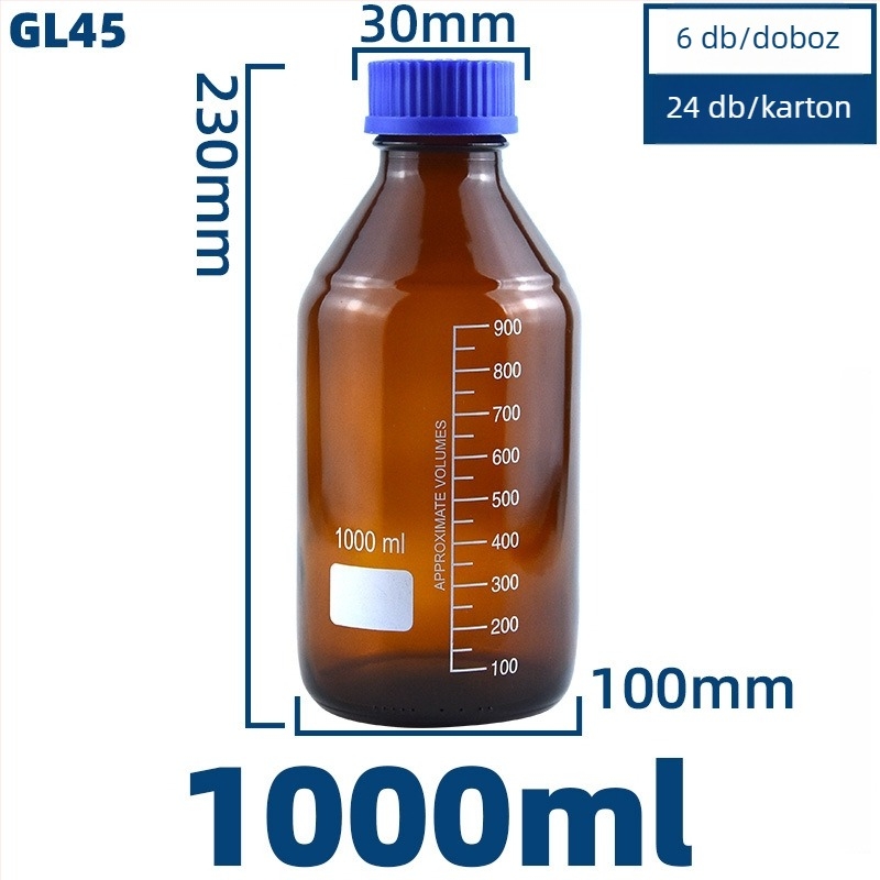 Kék fedelű, áttetsző üvegből készült reagense palack laboratóriumi felhasználásra, zárt kivitelben, 100/250/500/1000 ml