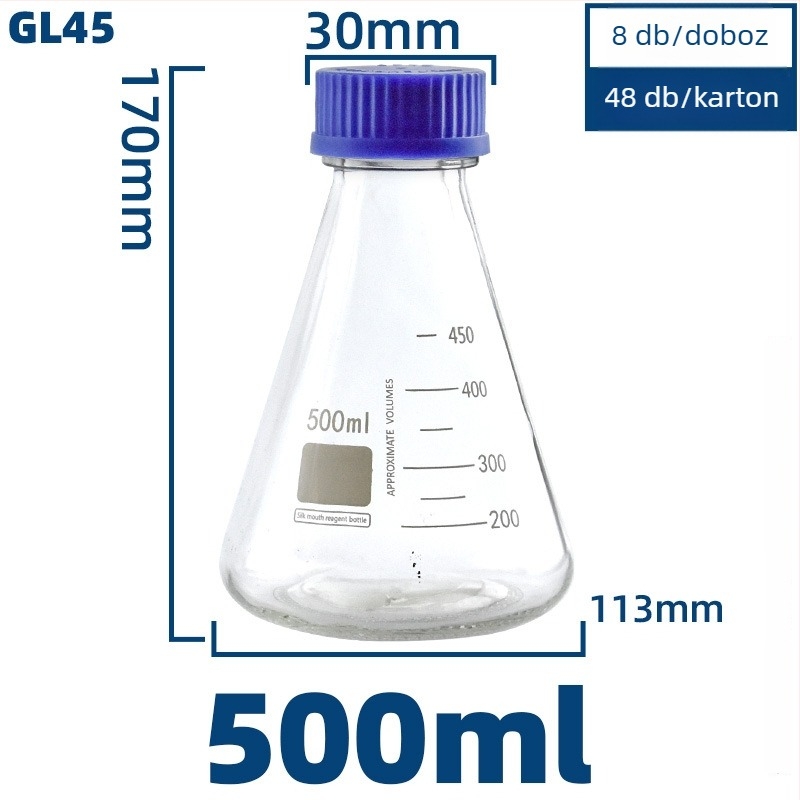 Kék fedelű, áttetsző üvegből készült reagense palack laboratóriumi felhasználásra, zárt kivitelben, 100/250/500/1000 ml