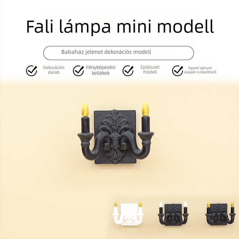 Miniatűr babaház jelenet falikarral és mini otthonmodellekkel