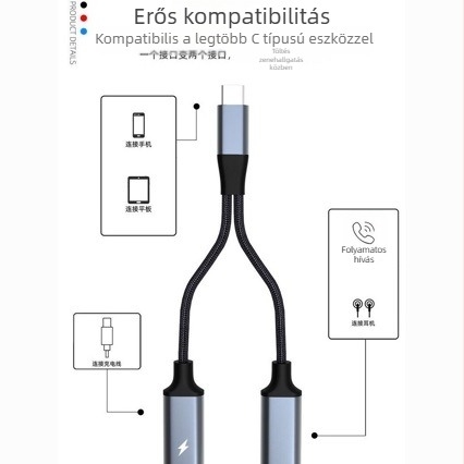 Type-C-ről két USB-C női adapter gyors töltéssel, DAC-dekóderrel, mobiltelefonokra és számítógépekre
