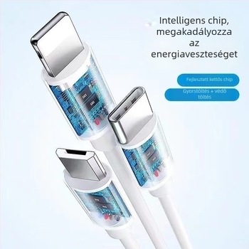 Fehér 3-in-1 6A gyors töltőkábel Mini USB, Micro USB és Type-C csatlakozókkal Apple, Android, Huawei és Xiaomi számára.