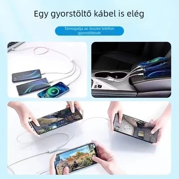 Fehér 3-in-1 6A gyors töltőkábel Mini USB, Micro USB és Type-C csatlakozókkal Apple, Android, Huawei és Xiaomi számára.