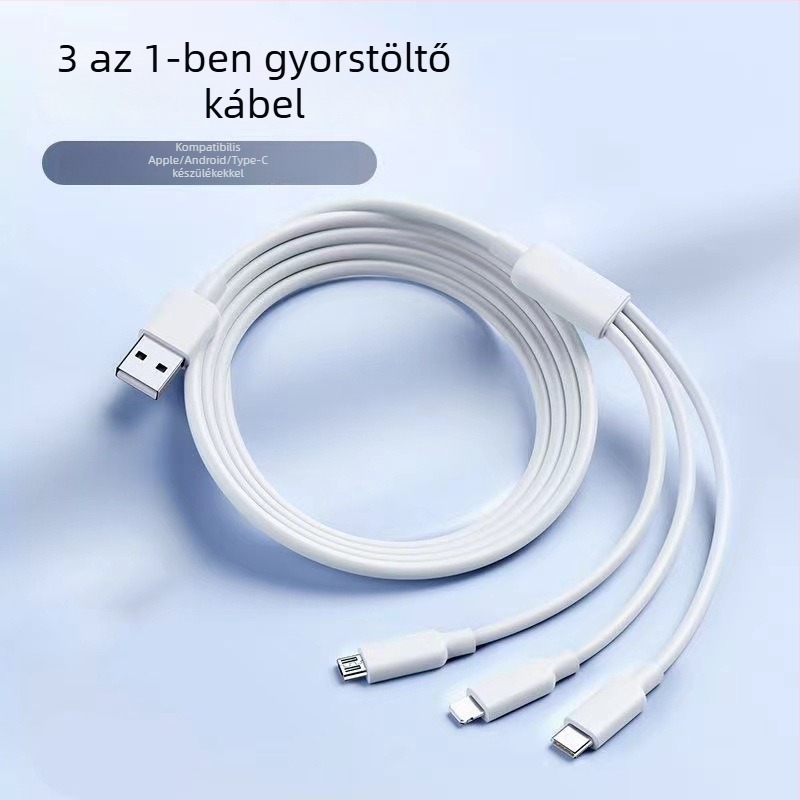 Fehér 3-in-1 6A gyors töltőkábel Mini USB, Micro USB és Type-C csatlakozókkal Apple, Android, Huawei és Xiaomi számára.