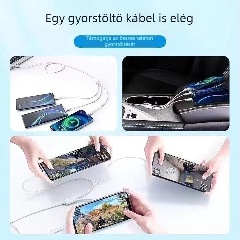 Fehér 3-in-1 6A gyors töltőkábel Mini USB, Micro USB és Type-C csatlakozókkal Apple, Android, Huawei és Xiaomi számára.