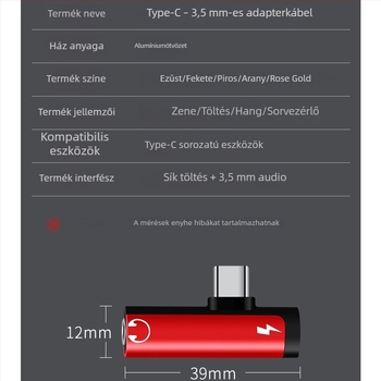 Type-C adapter Huawei/Xiaomi Android telefonokra, fejhallgató hangátalakító, 2 az 1-ben töltés