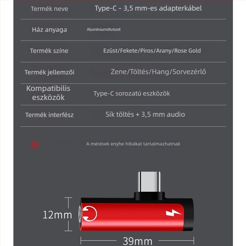 Type-C adapter Huawei/Xiaomi Android telefonokra, fejhallgató hangátalakító, 2 az 1-ben töltés
