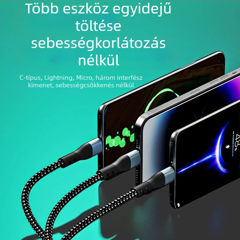 J305 5 az 1-ben összetett töltési és adatkábel USB-C, Lightning és Micro USB, 1,2 m, fekete, 120 W gyors töltésig