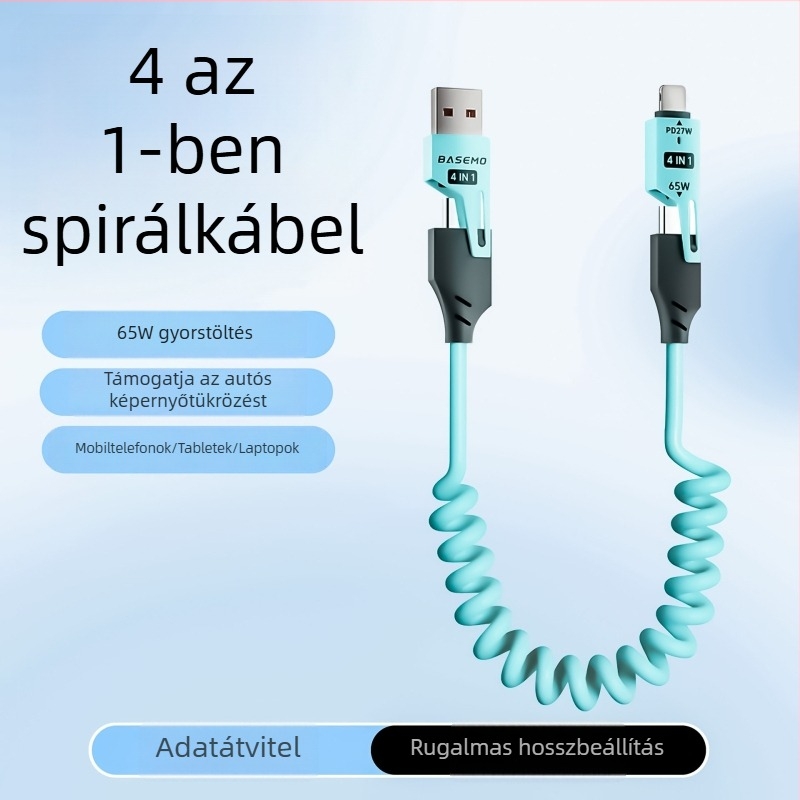 65W autós rugós töltőkábel kétkimenetellel – Lightning és USB-C, 1,5 m, gyorstöltés
