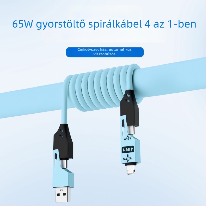 65W autós rugós töltőkábel kétkimenetellel – Lightning és USB-C, 1,5 m, gyorstöltés