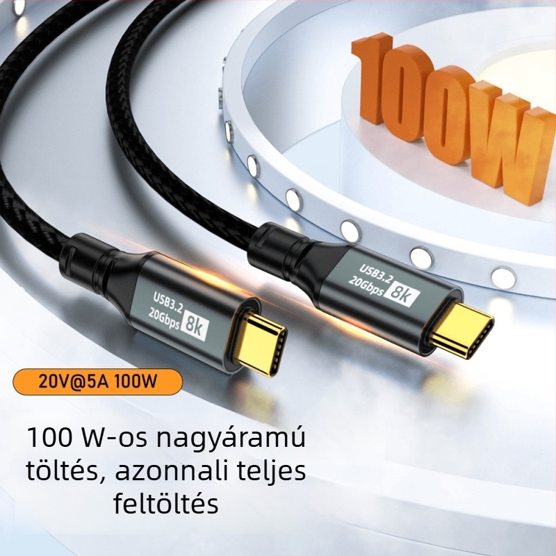 Kettős Type-C adatkábel, 100W gyors töltés, 8K HD képernyővetítés, telefonokra és táblagépekre, nagy sebességű adatátvitel