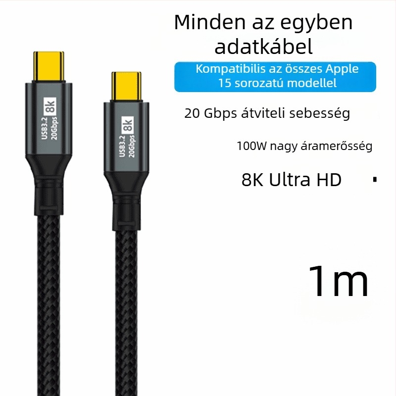 Kettős Type-C adatkábel, 100W gyors töltés, 8K HD képernyővetítés, telefonokra és táblagépekre, nagy sebességű adatátvitel