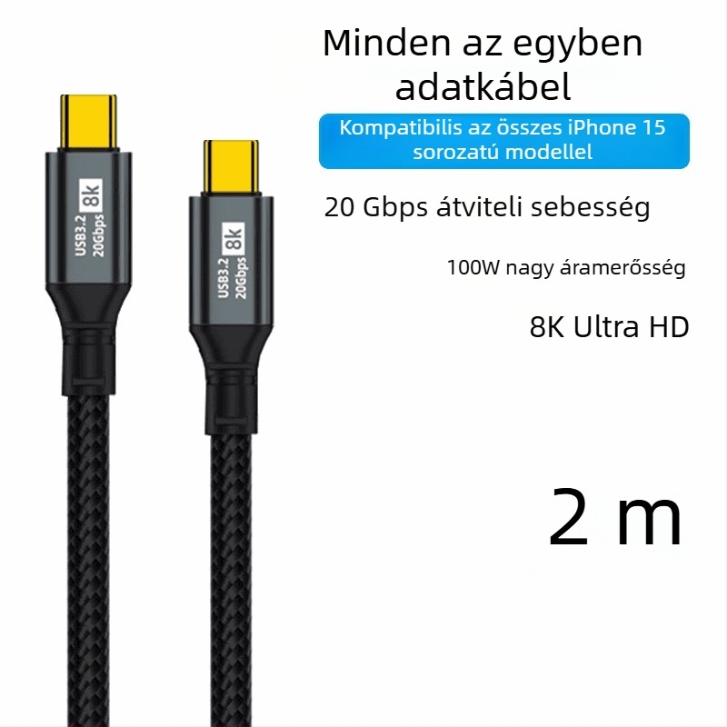 Kettős Type-C adatkábel, 100W gyors töltés, 8K HD képernyővetítés, telefonokra és táblagépekre, nagy sebességű adatátvitel
